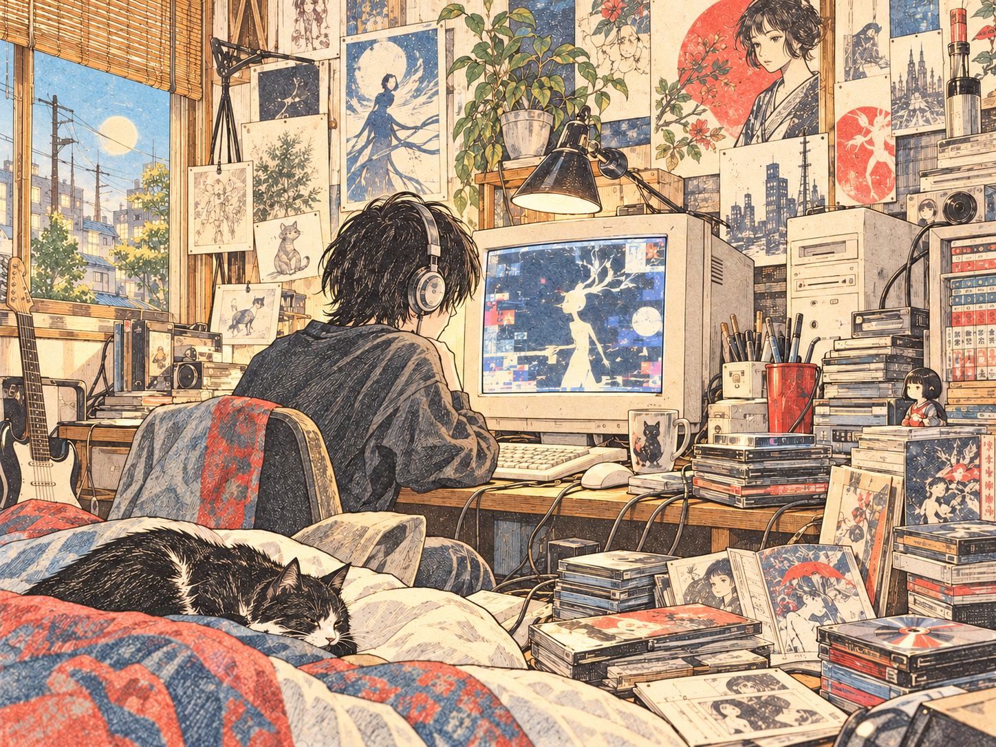 ブラウン管モニターと初期インターネット文化を描いたイラスト